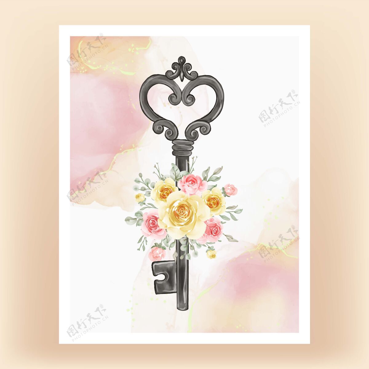 钥匙孤立的关键花黄桃插画水彩手绘墙壁艺术花