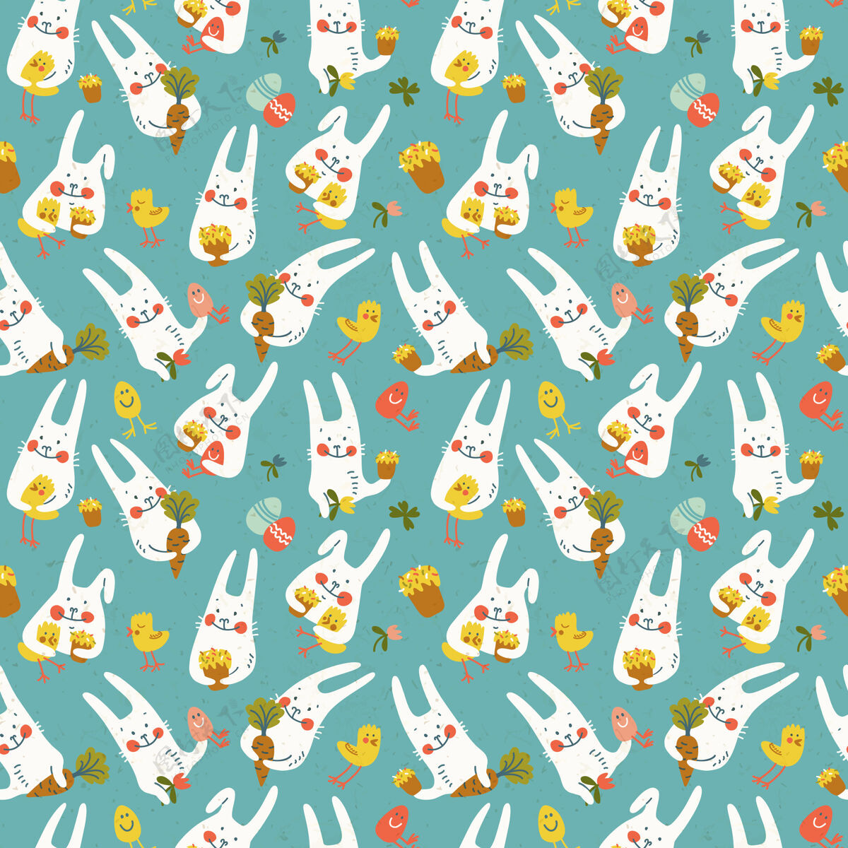 鸡蛋快乐复活节蓝色无缝图案可爱的兔子胡萝卜鸡鲜花和鸡蛋涂鸦矢量插图春天无缝图案季节
