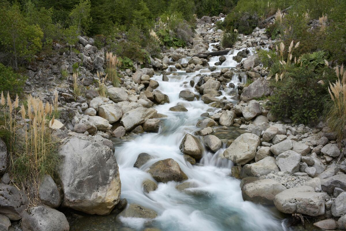 瀑一条小溪穿过森林里的岩石和树木的美丽镜头自然景春