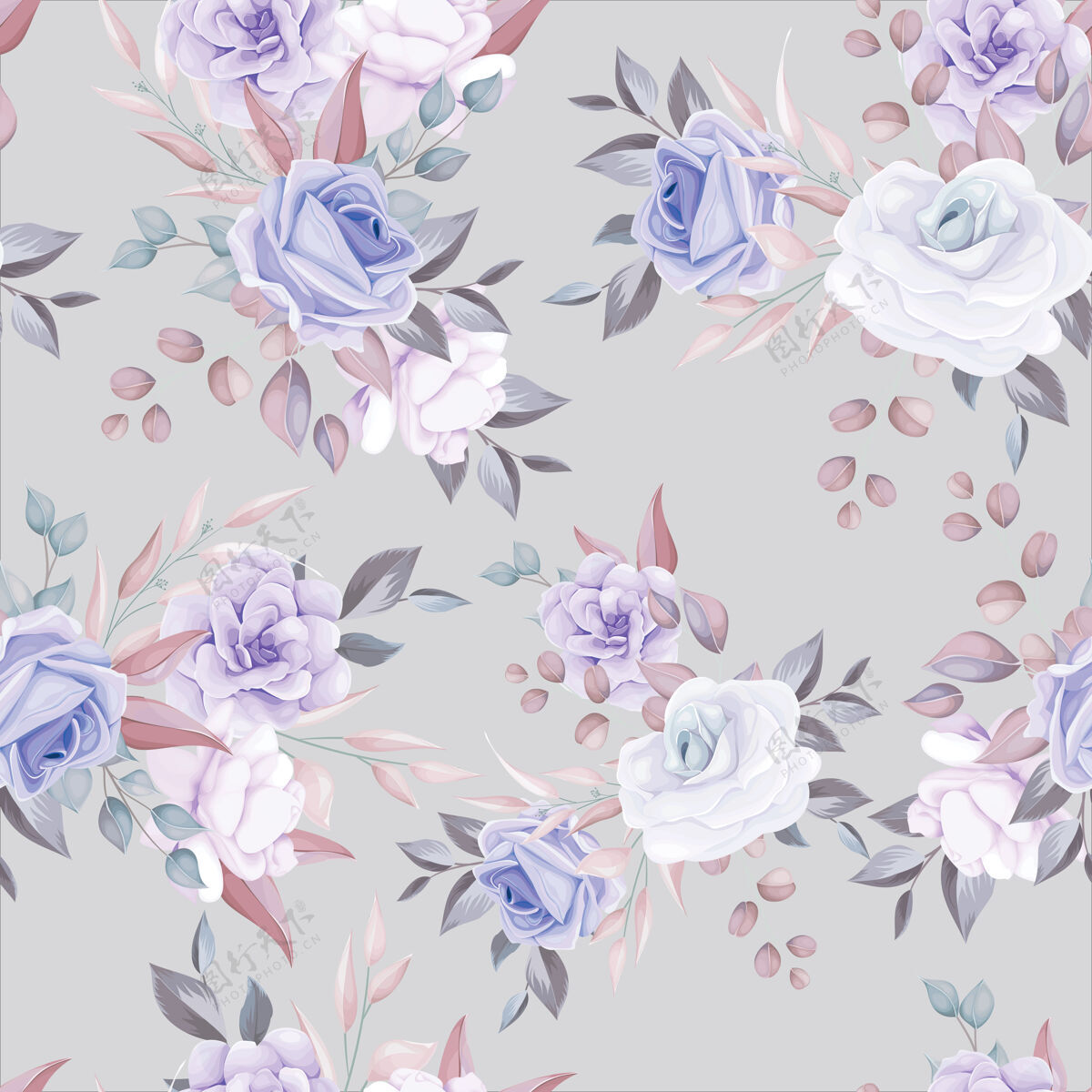 水彩浪漫的花朵无缝图案搭配紫色花朵装饰花卉玫瑰浪漫