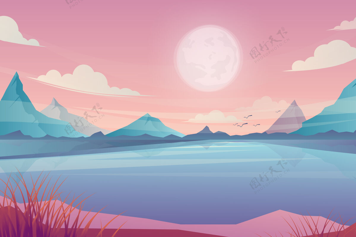 场景春夏美景卡通 蔚蓝的湖光山色日出湖泊卡通光明