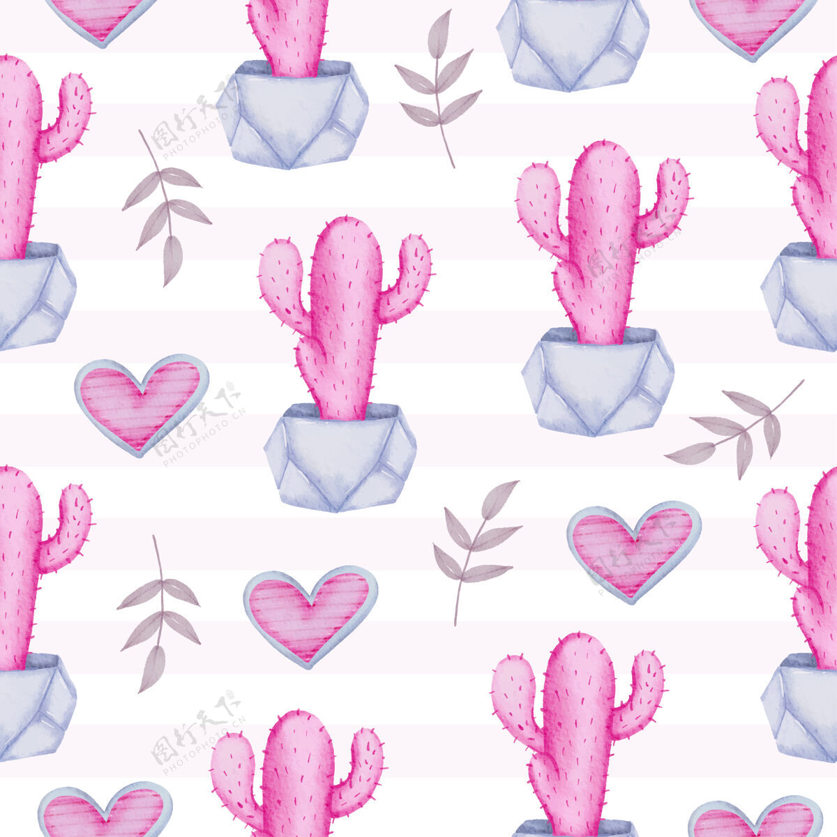 背景水彩集仙人掌与心形的无缝图案 孤立的水彩情人节概念元素可爱浪漫的红粉心形为装饰 插画浪漫天素描
