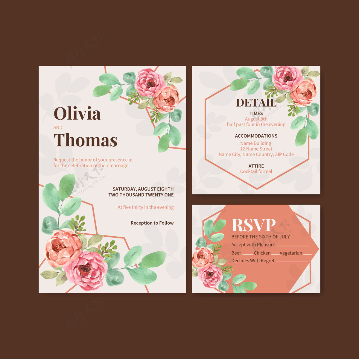 新鲜婚卡模板与爱绽放概念设计水彩插画花卉自然开花