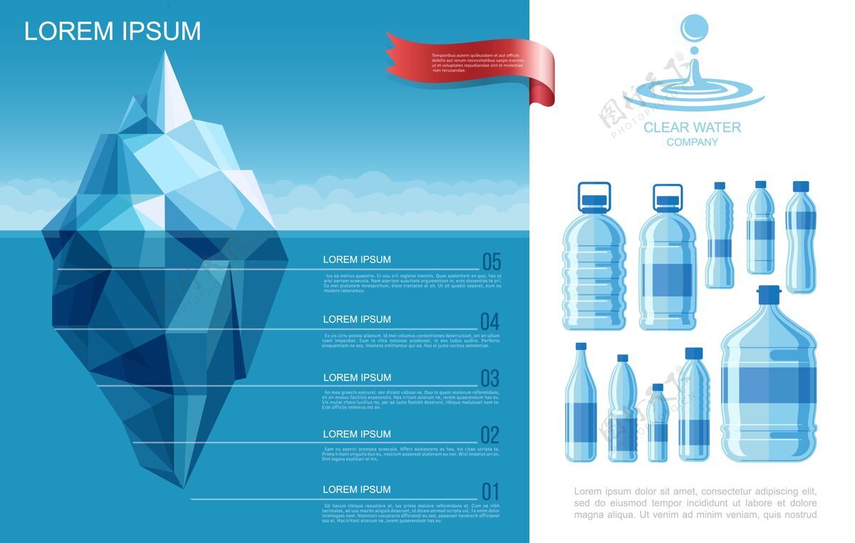 模板平板纯水信息图形模板与冰山在海洋和塑料瓶的清澈水水清晰水