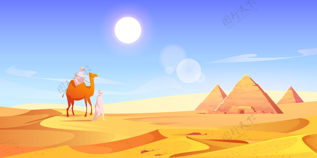 考古学两个男人和骆驼在埃及的沙漠和金字塔人埃及夏天