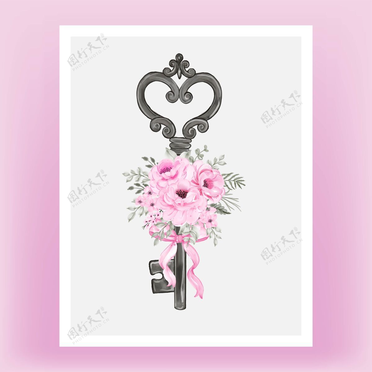 花卉带粉红丝带和玫瑰水彩插图的独立钥匙水彩心玫瑰