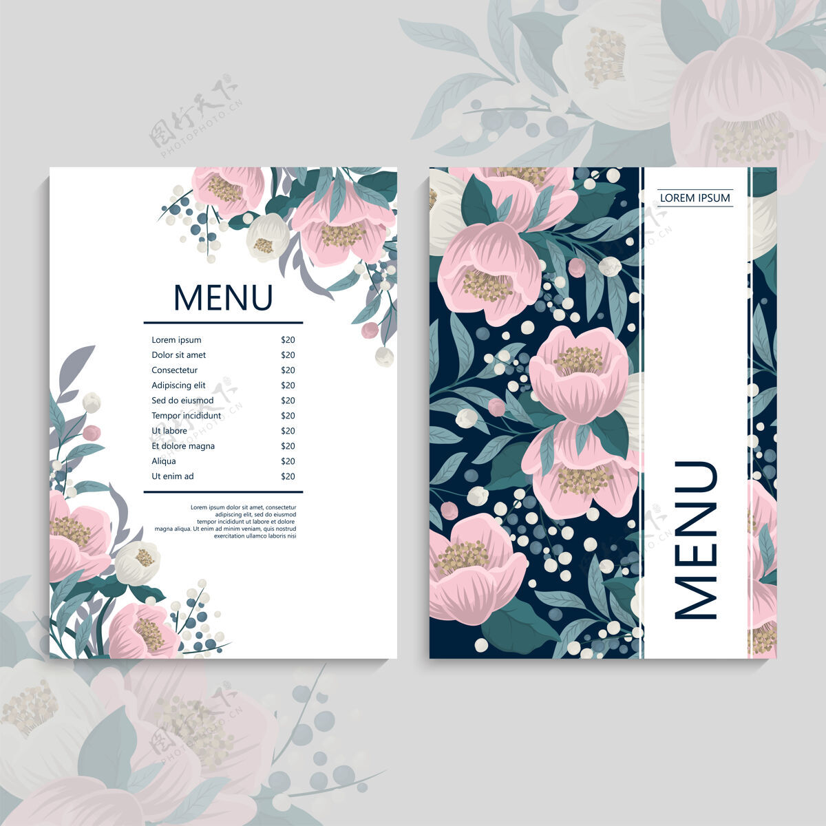 菜单模板带粉色花朵的餐厅菜单模板餐厅花束豪华