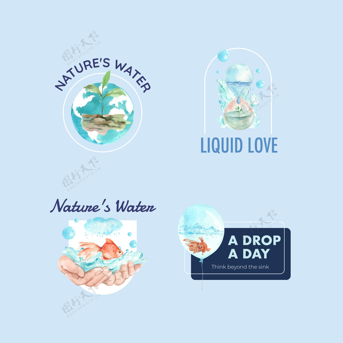 品牌标志设计与世界水日概念水彩插画工作办公桌数字