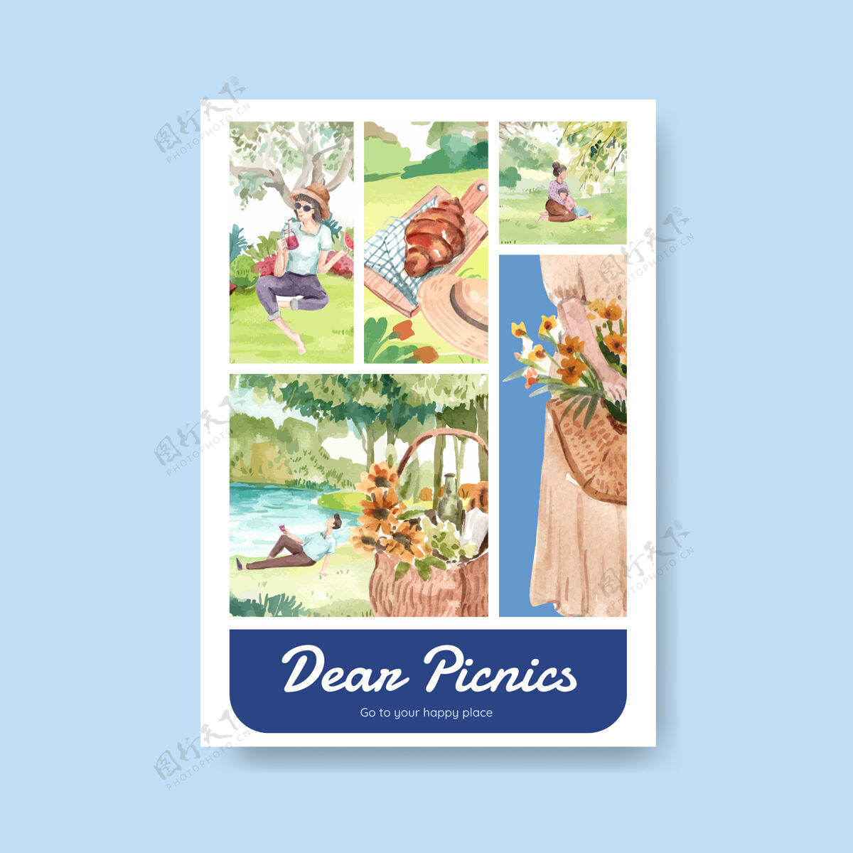 画海报模板与野餐旅游概念夏天欢乐营销