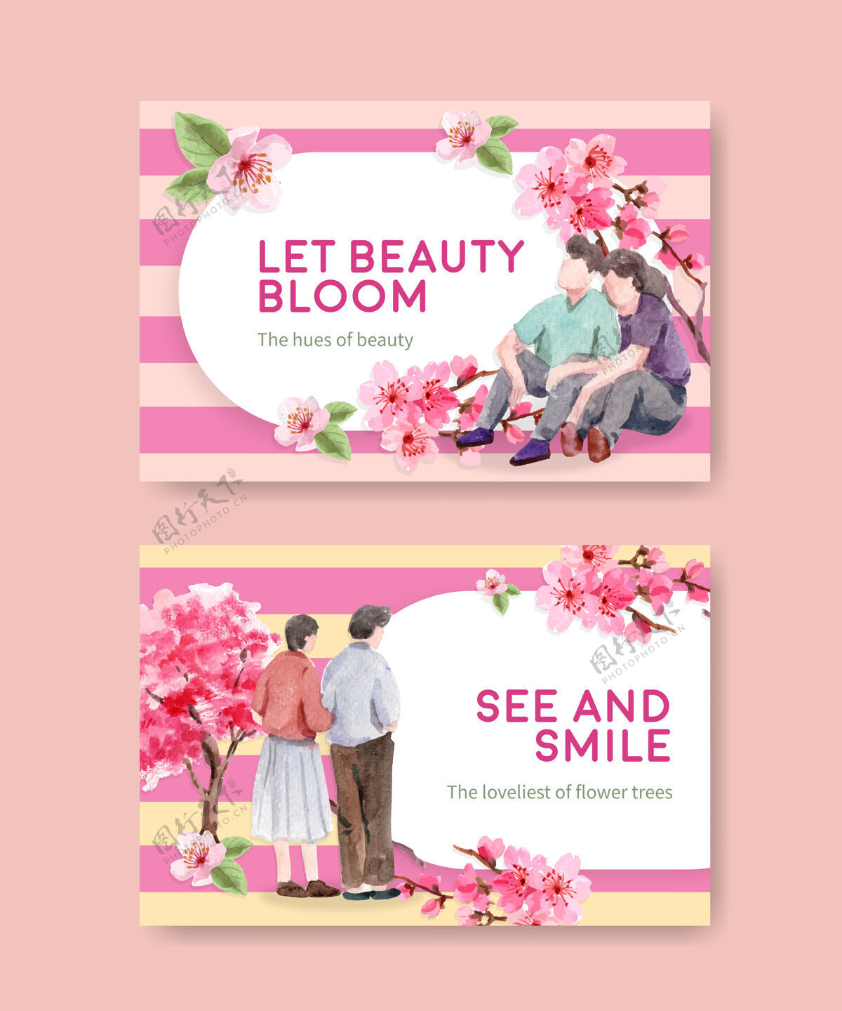 日本Facebook模板与樱花概念设计社交媒体和社区水彩插图自然广告樱花