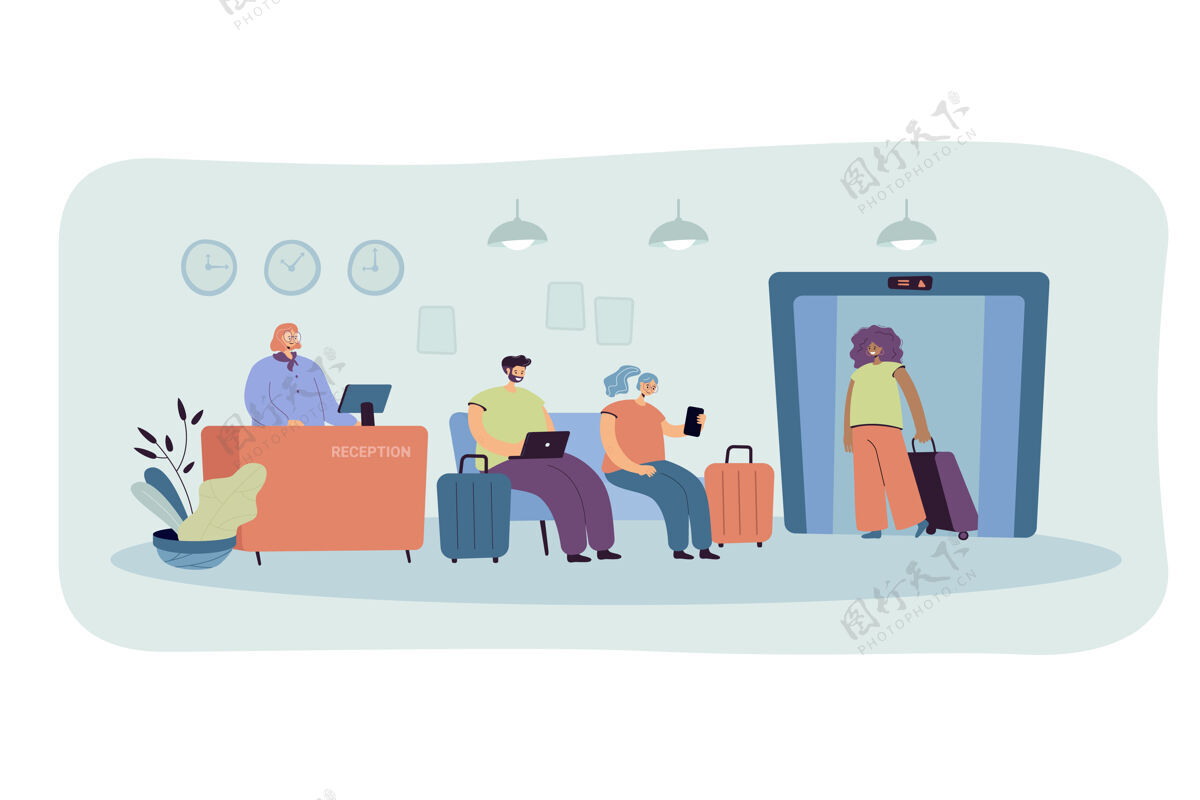 办公桌酒店接待处的人孤立的平面插图卡通插图接待女人手提箱