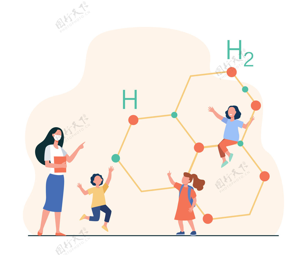 卡通可爱的小朋友和老师一起学化学卡通插图分子化学知识
