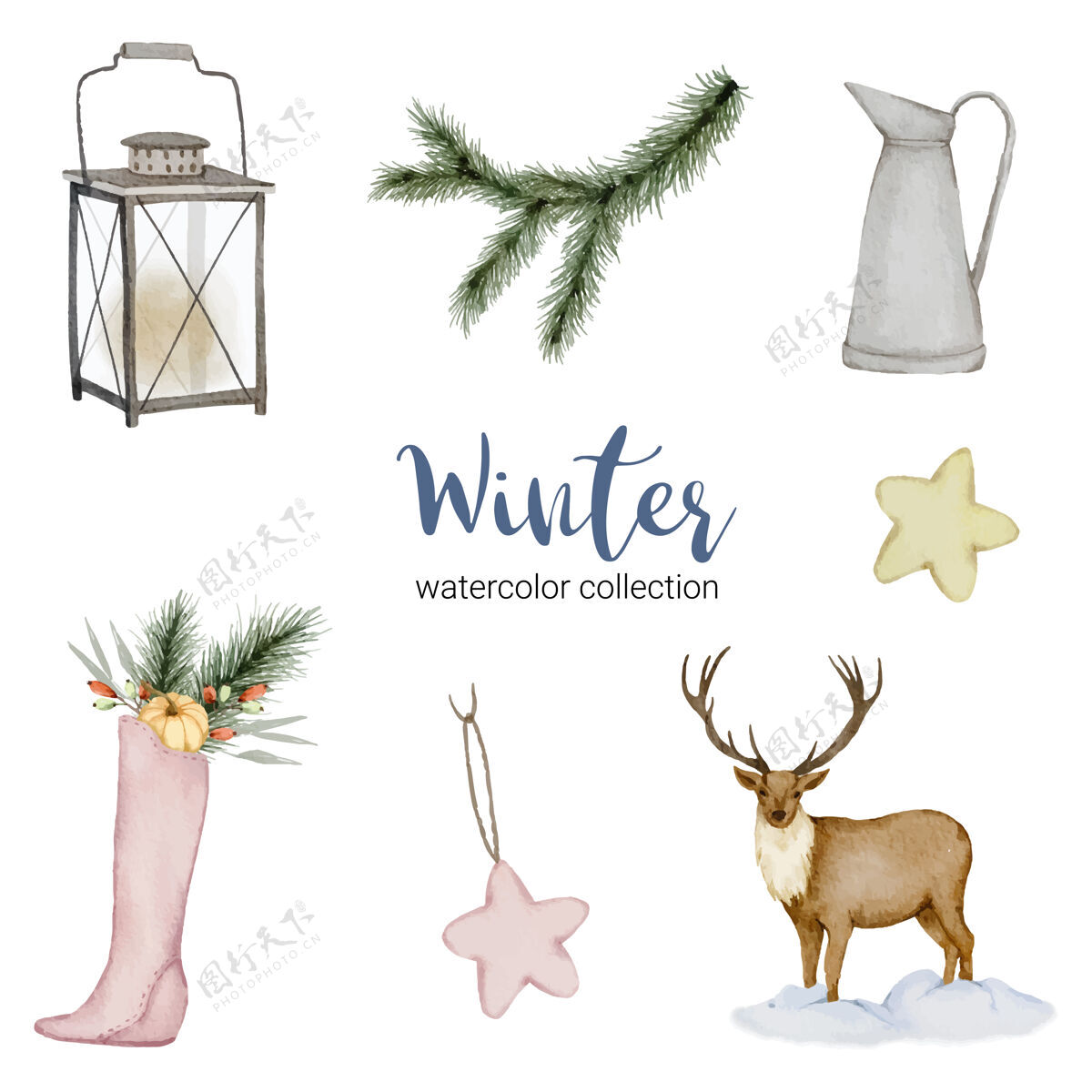 鹿冬季水彩系列 包括水壶 灯笼 鹿和鞋子花朵框架水彩