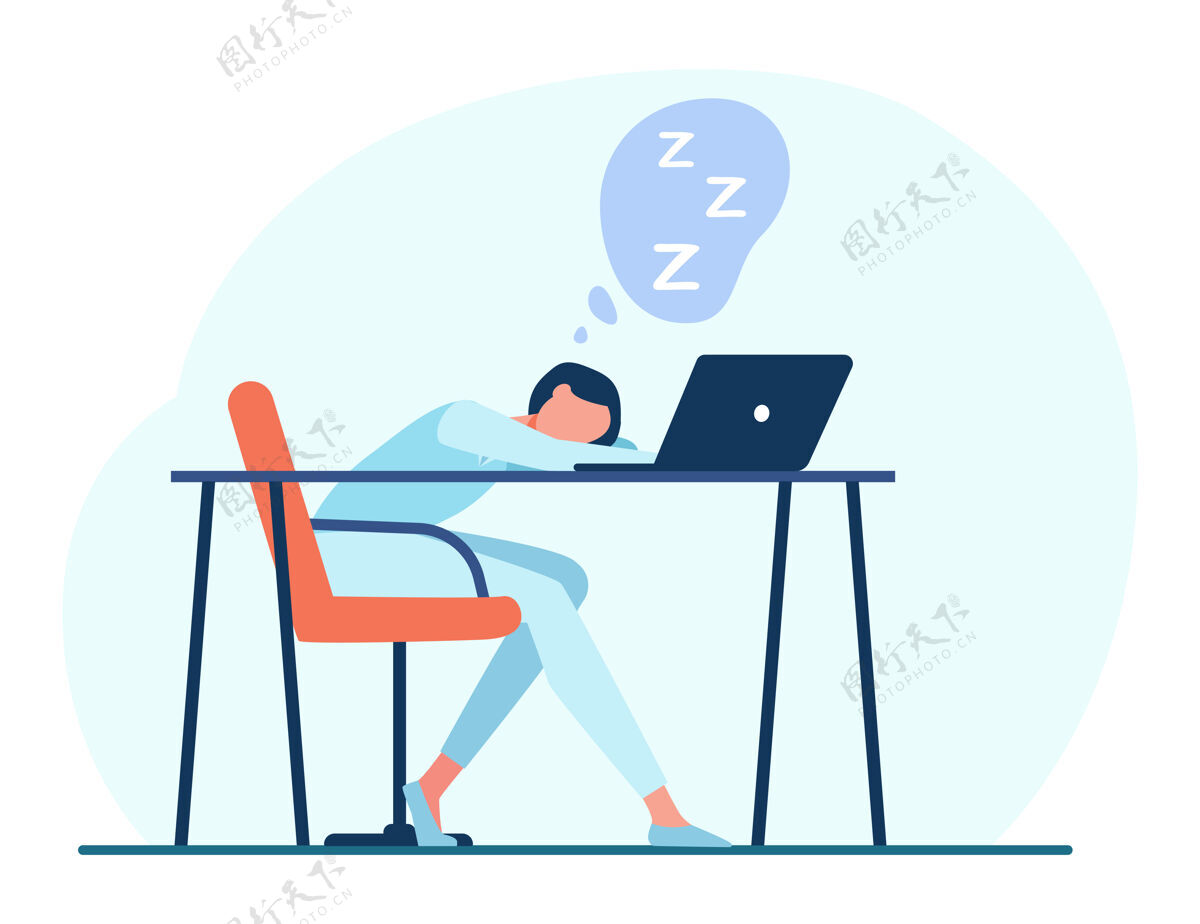 职业拿着笔记本睡在桌边的女人卡通插图失眠办公室休息