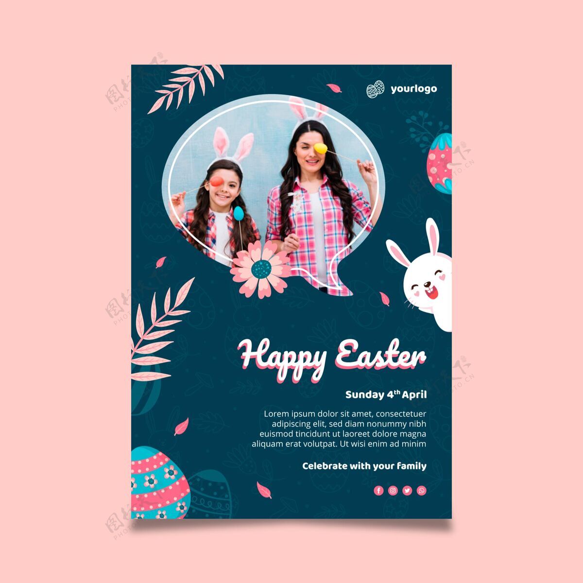 复活节垂直海报模板复活节与兔子和家人帕斯卡妈妈垂直