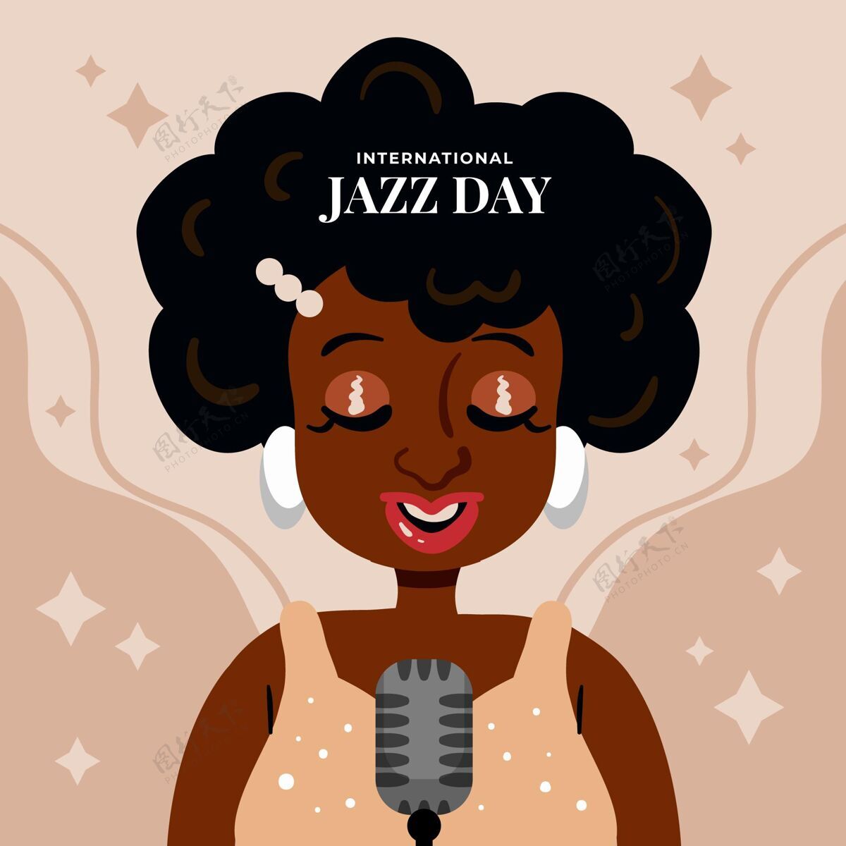 国际手绘国际爵士乐日插画与女人唱歌爵士乐日节日庆祝