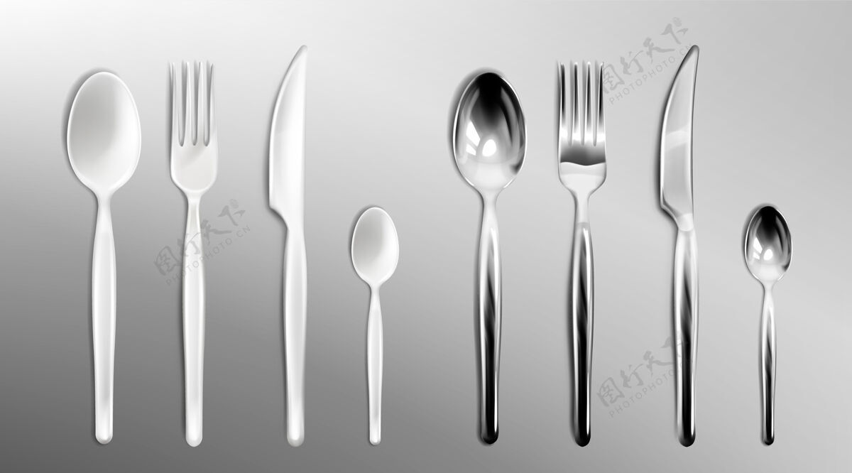 宴会白色塑料和钢餐具上透明餐厅餐具倒影