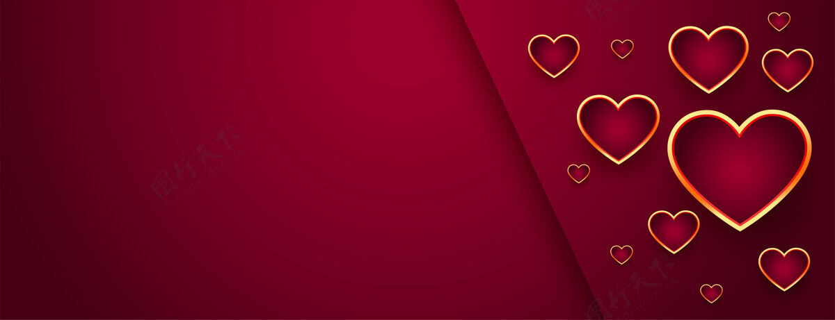 14美丽的红色情人节横幅与金色的心二月标题背景