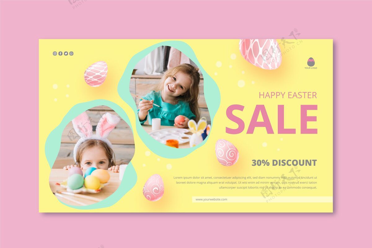 模板横幅模板复活节出售小女孩和鸡蛋购物春天购买