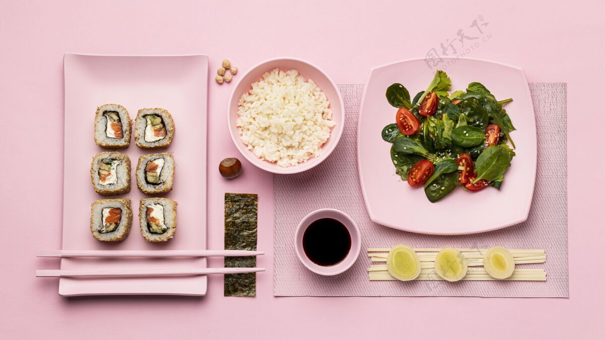 食物顶视图灵活饮食寿司和沙拉饮食美味分类