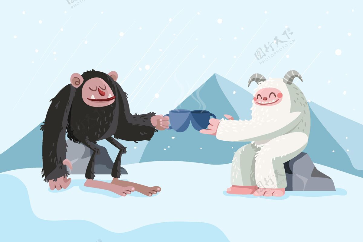 插图手绘大脚大脚怪和雪人可爱的雪人插图饮料手绘野兽