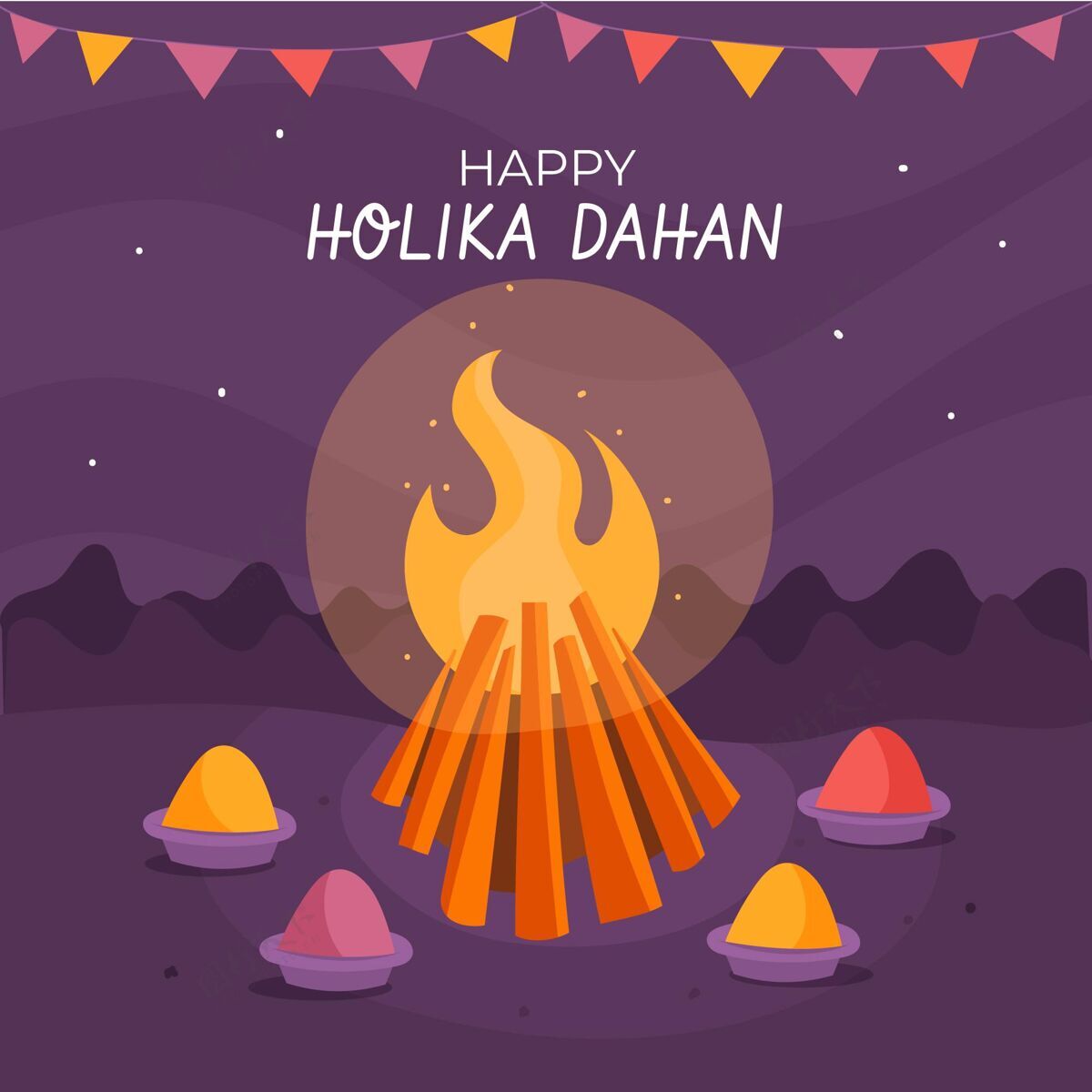 霍利卡手绘霍利卡达汉与篝火和花环插图插图印度印度教