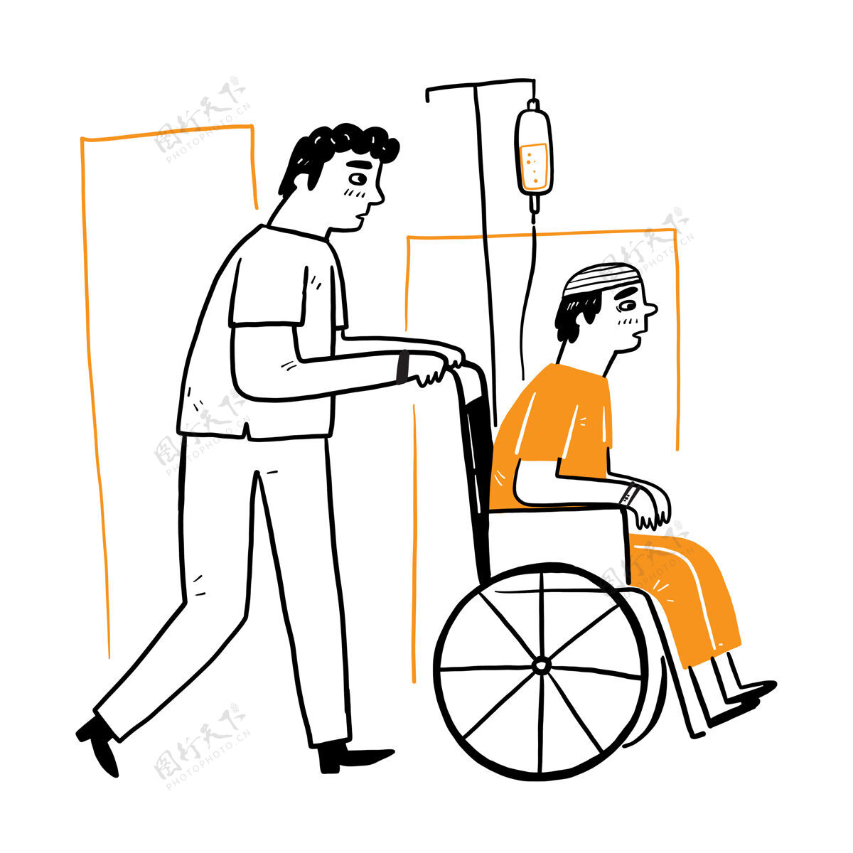 健康男护士帮病人推轮椅 手绘矢量插图涂鸦式物理人人物