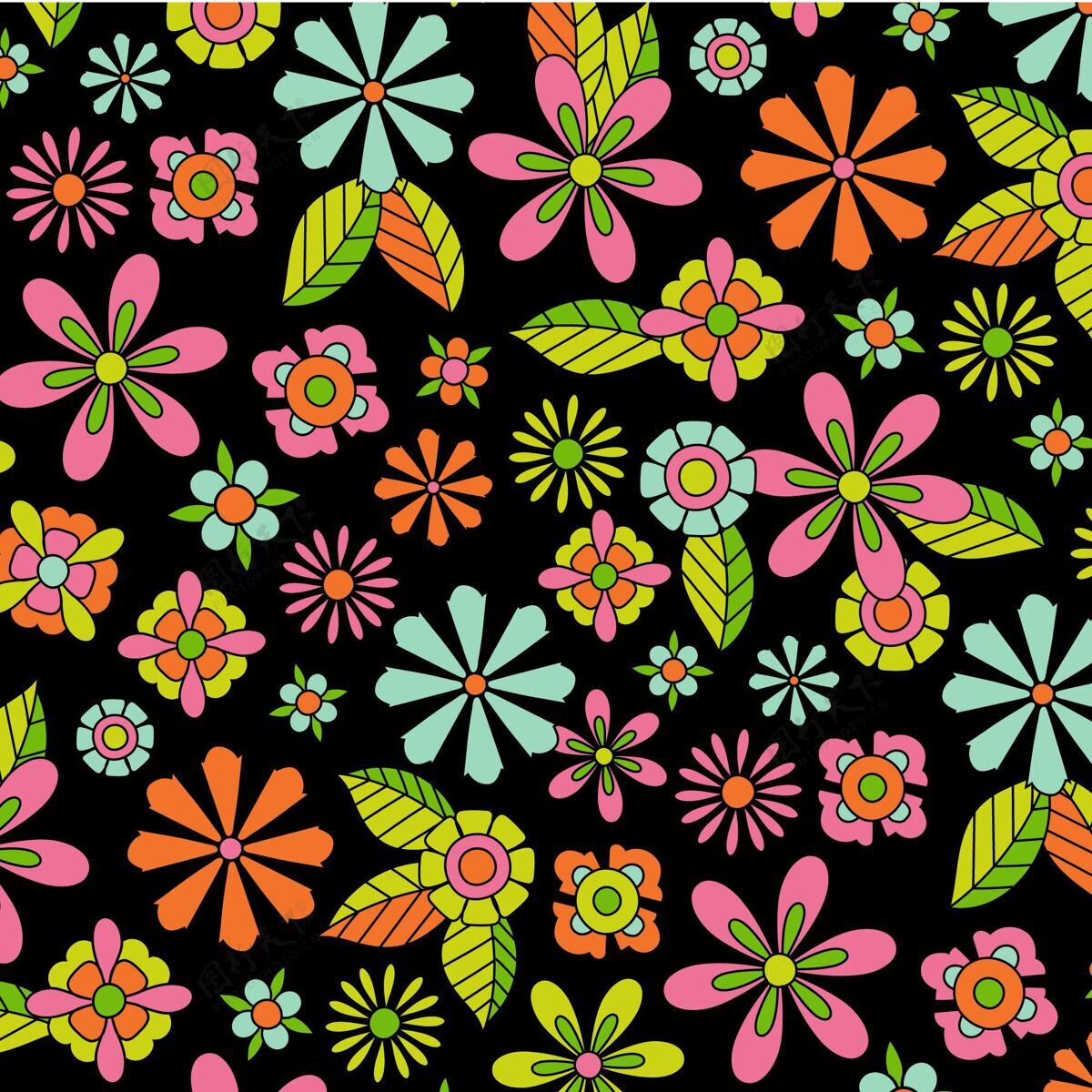 手工绘制五颜六色的花朵图案Groovy重复花朵图案