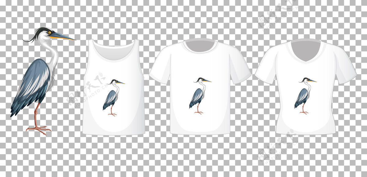 adovable一套不同的衬衫与伟大的蓝鹭卡通人物隔离在透明的背景BirdBlueWild