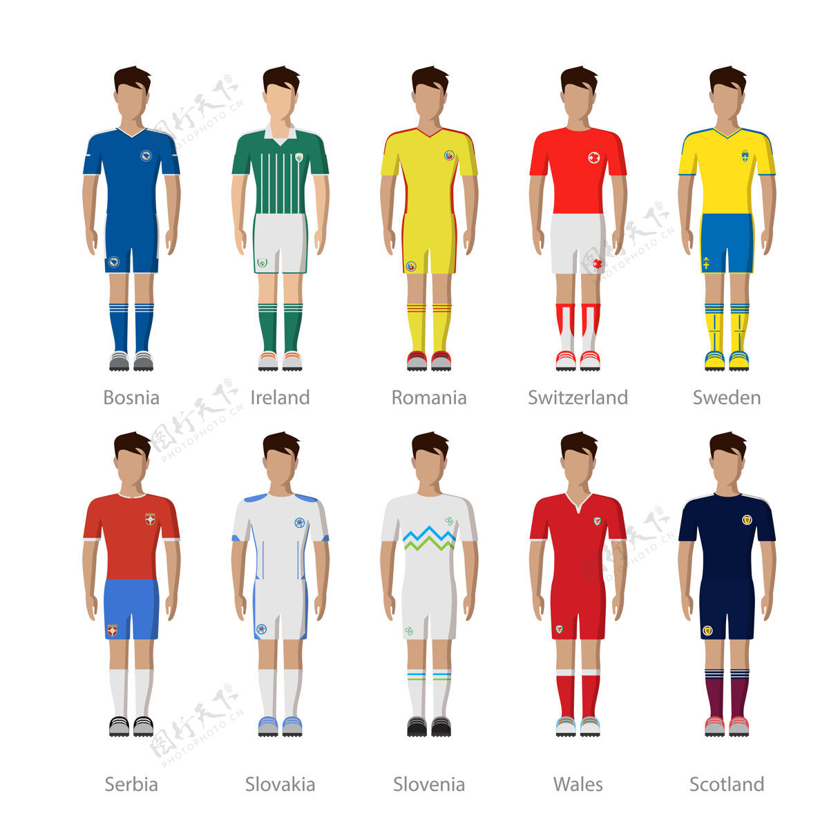 球员欧洲国家足球队虚拟球员制服模板图标集国家时尚球队