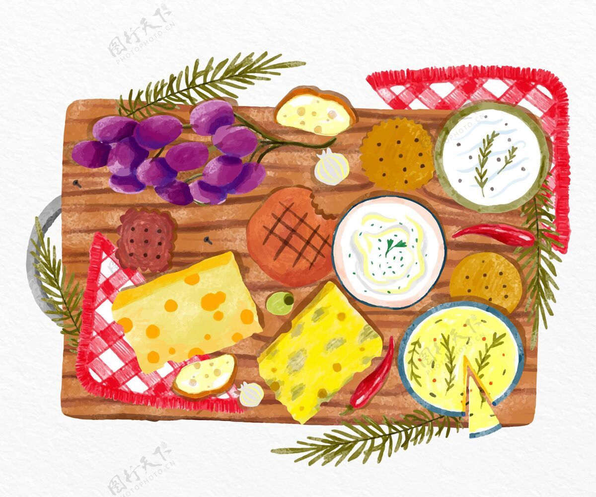 美味水彩奶酪板顶视图奶酪奶酪板野餐