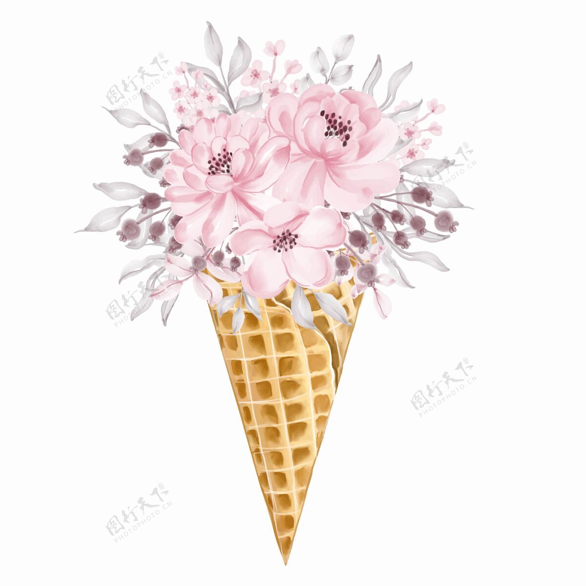 兰花浅粉色野花花束冰淇淋筒绘画圆锥体女性