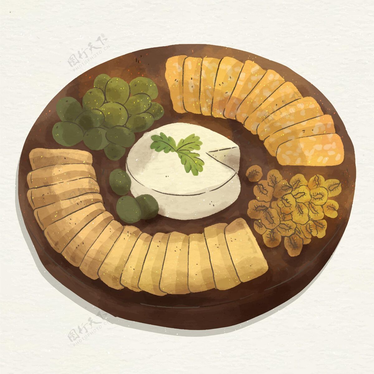 板水彩画奶酪板插图与伴奏奶酪课程菜肴