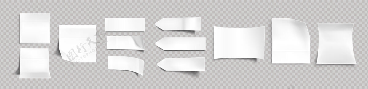 角不同形状的白色贴纸 带阴影和折边 标签 备忘录模型的便签 隔离在透明的背景上纸胶带 空白现实的三维向量集纸板对象空