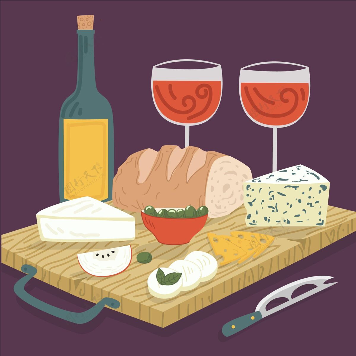 蛋白质一杯葡萄酒和奶酪板点心手绘美食奶酪