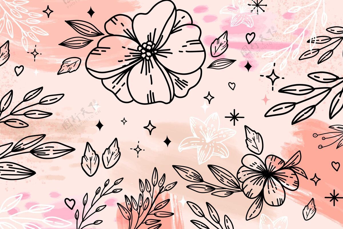 手绘大轮廓花叶水彩背景水彩画绘制粉色
