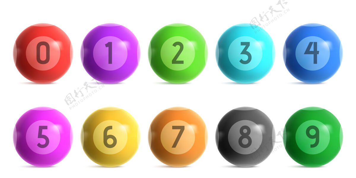 桌子宾果彩票球与数字从零到九矢量现实的一套闪亮的彩色球乐透基诺游戏或台球三维光泽球赌场赌博隔离在白色背景上球十五