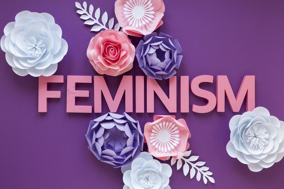 节日妇女节纸花女权主义一词的俯视图反性别歧视日庆祝欣赏