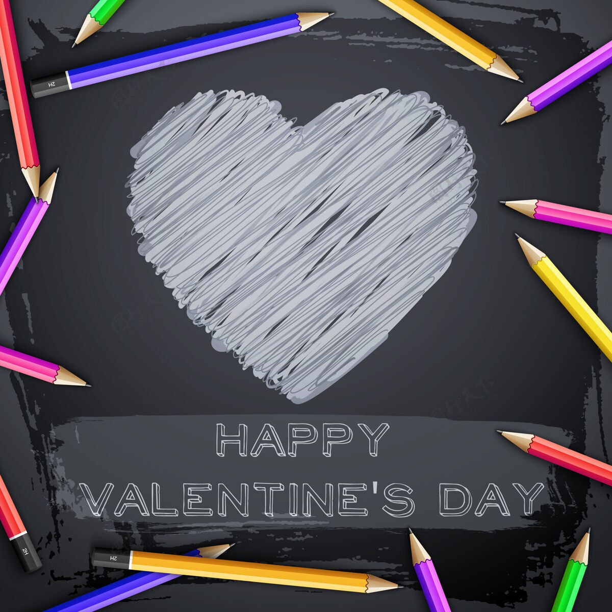 印刷可爱的抽象与孵化心彩色铅笔黑色黑板矢量插图爱情浪漫情人节