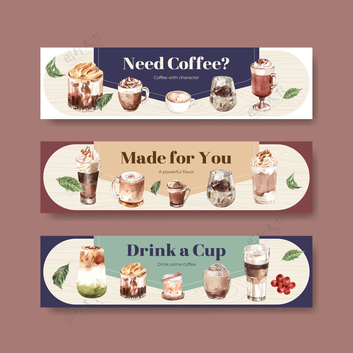凉爽横幅与韩国咖啡风格的广告和营销水彩概念模板装饰意式浓缩咖啡糖
