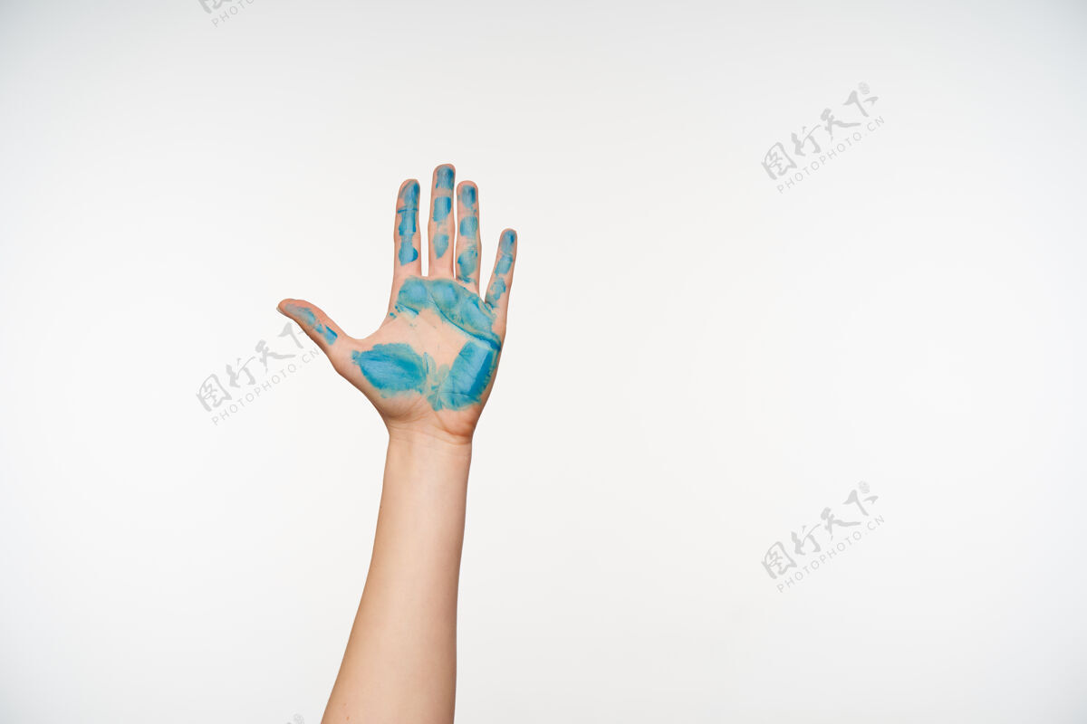 绘画室内女性手臂抬高的肖像 展示涂有蓝色的手掌 同时在白色上摆姿势肢体语言和手势概念身体女士手掌