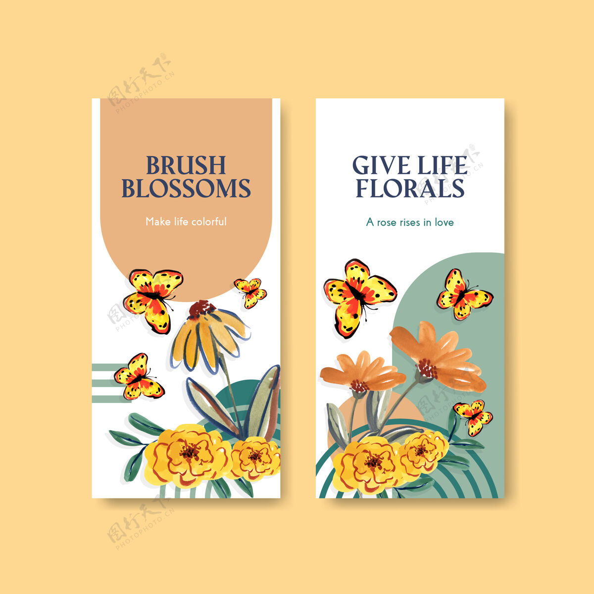 画笔传单模板与毛笔花卉概念设计的宣传册和传单水彩模板草地花卉
