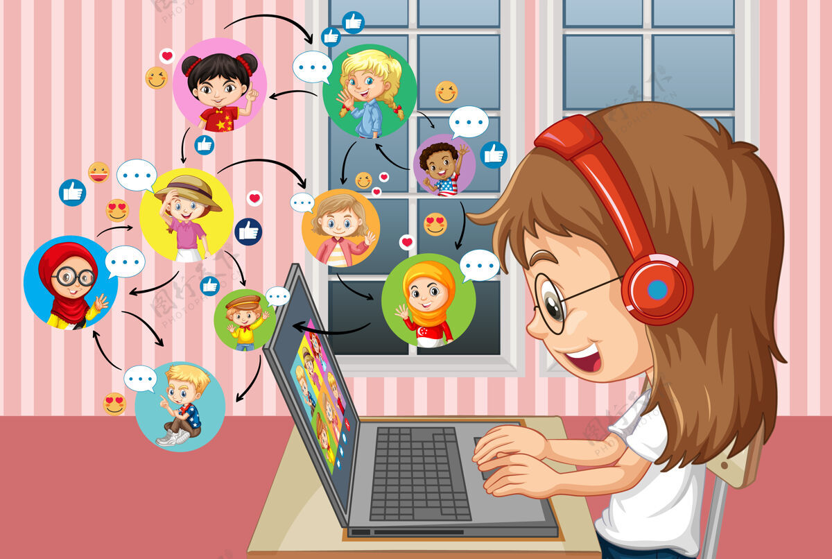卡通一个女孩在家里与朋友交流视频会议现场侧视图学习人童年