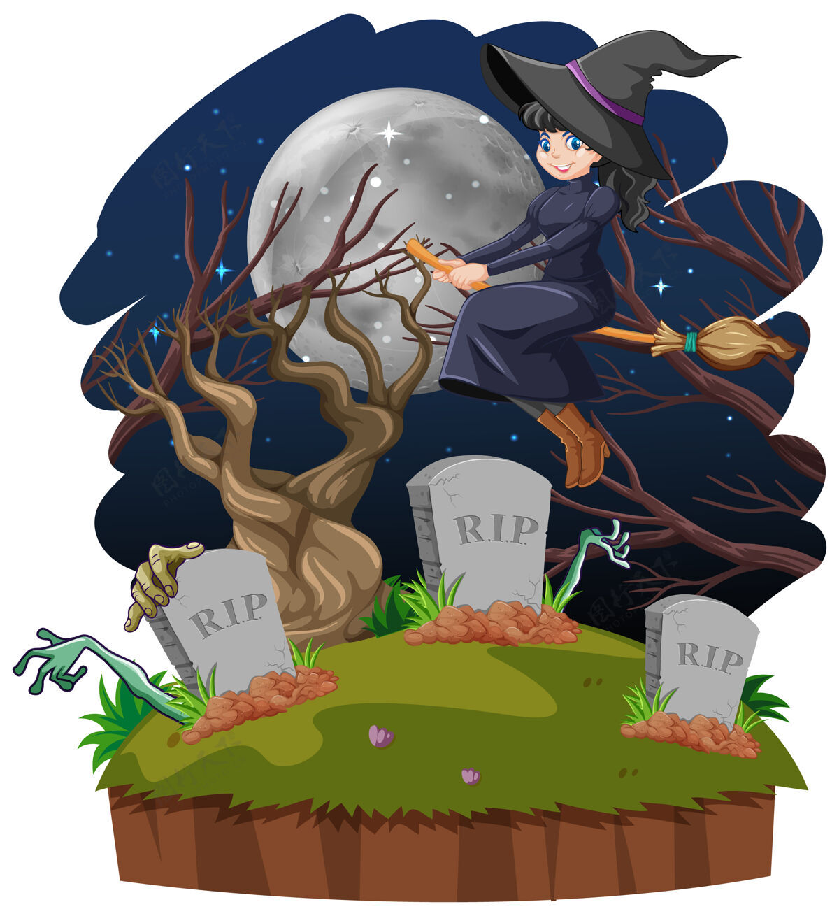 恶作剧女巫骑着扫帚穿过白色背景上孤立的坟墓扫帚卡通魔杖