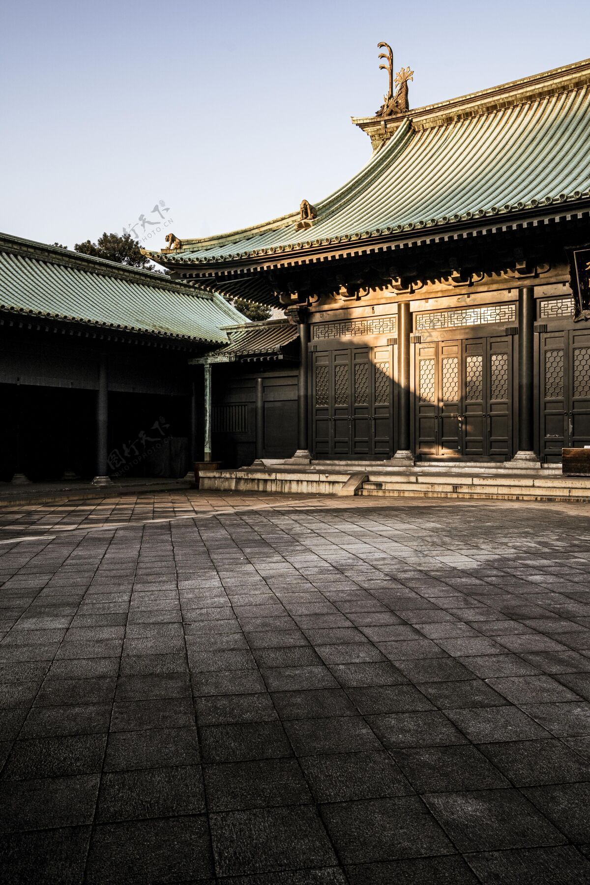 建筑阳光照在传统的日本木神庙上建筑建筑寺庙