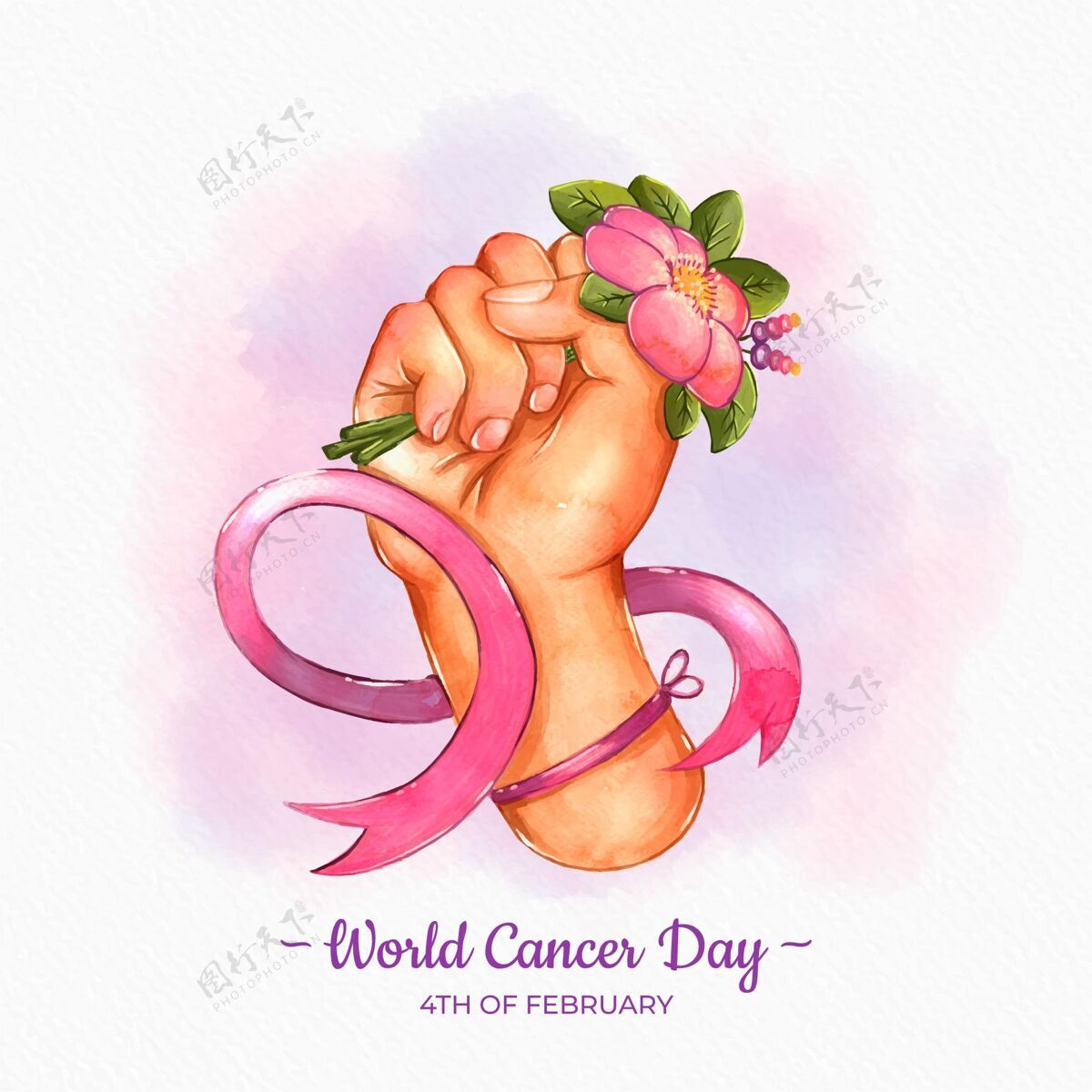 粉红丝带水彩世界癌症日组织癌症意识