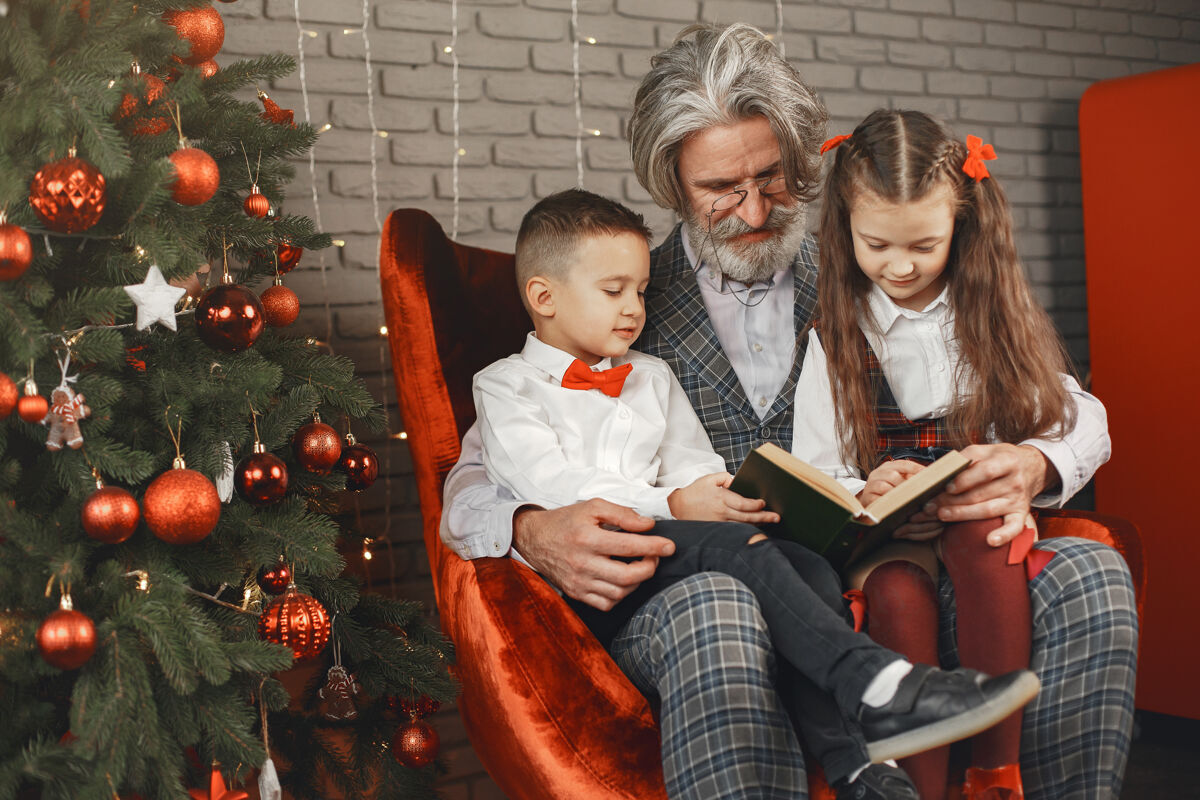 男人爷爷戴着眼镜 给小孙女看书 双胞胎在一间装饰圣诞的房间里圣诞假期概念对比摄影关系快乐小