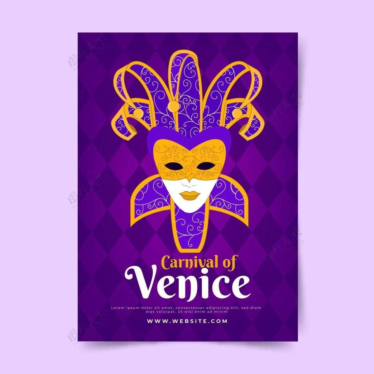 威尼斯人嘉年华威尼斯嘉年华海报模板与紫罗兰色和金色面具庆祝手准备