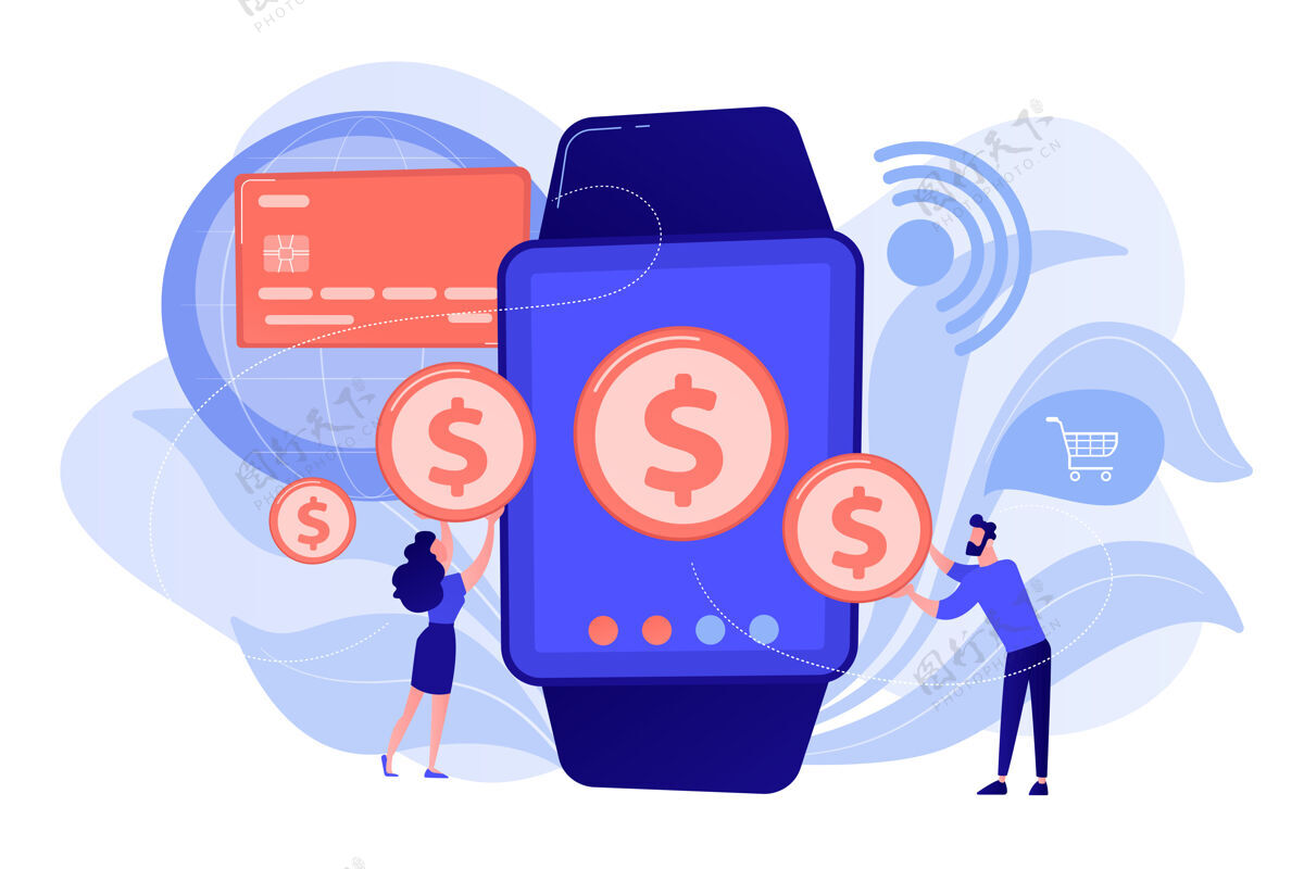 交易用户购物和使用smartwatch进行非接触式支付smartwatch支付 nfc技术和nfc支付概念粉珊瑚蓝向量独立插图支付零售生动