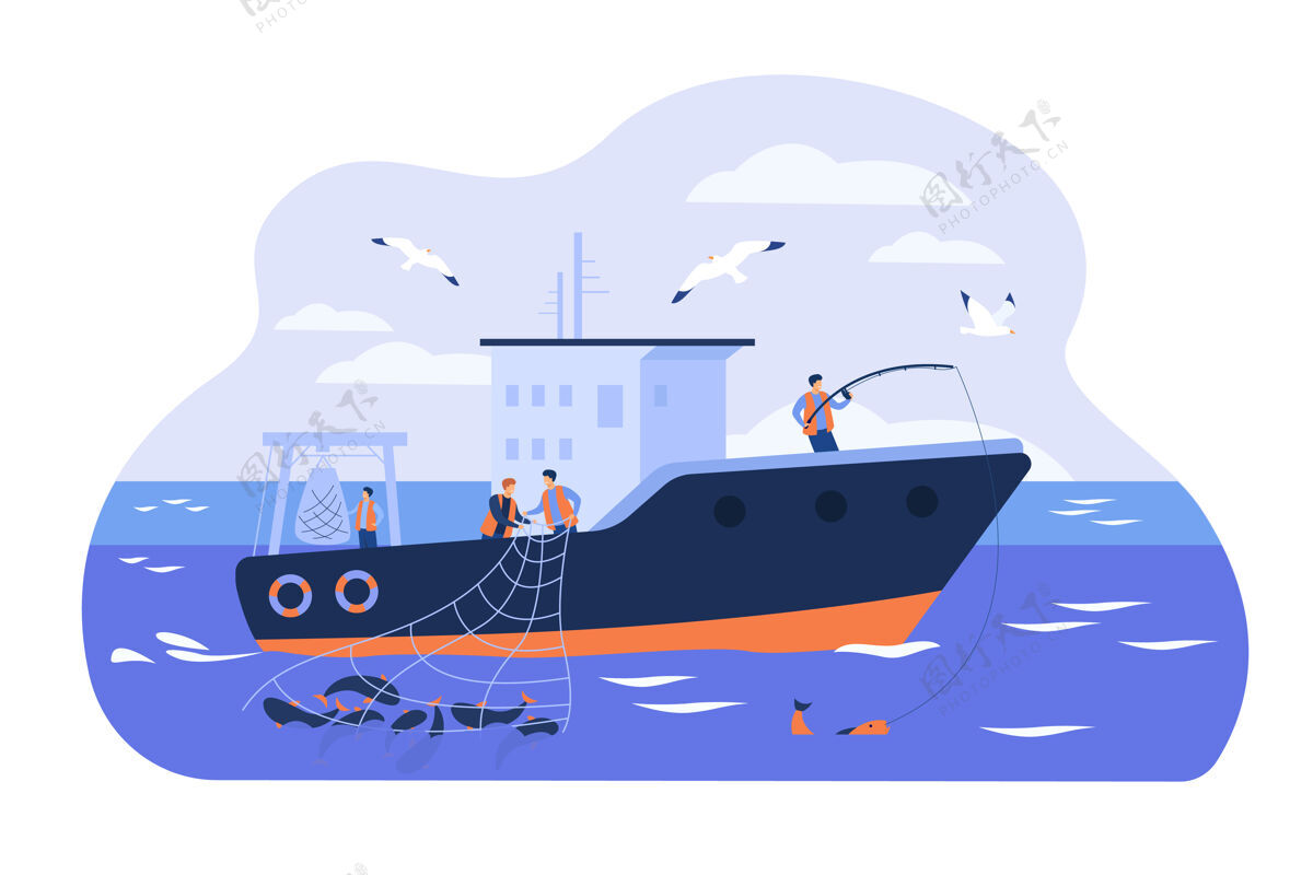 航海专业渔民在船上工作 平面矢量图卡通渔民在船上捕鱼和使用渔网商业捕鱼业的概念海洋自然人